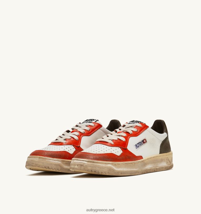 Autry άνδρες super vintage χαμηλά sneakers σε δερμάτινο λευκό πορτοκαλί και στρατιωτικό τόνο 04FXF32 - Image 2