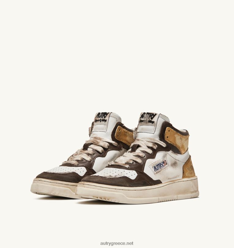 Autry γυναίκες super vintage mid sneakers σε δερμάτινο λευκό καφέ και μελί 04FXF205 - Image 2